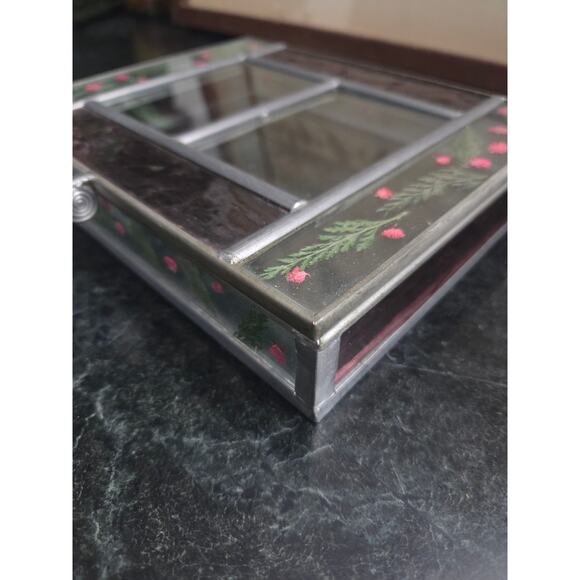 Pressed Flower Stained Glass Jewelry Box 7.5x6.5" Dual Photo Display 3.5x2.75" - Picture 7 of 10